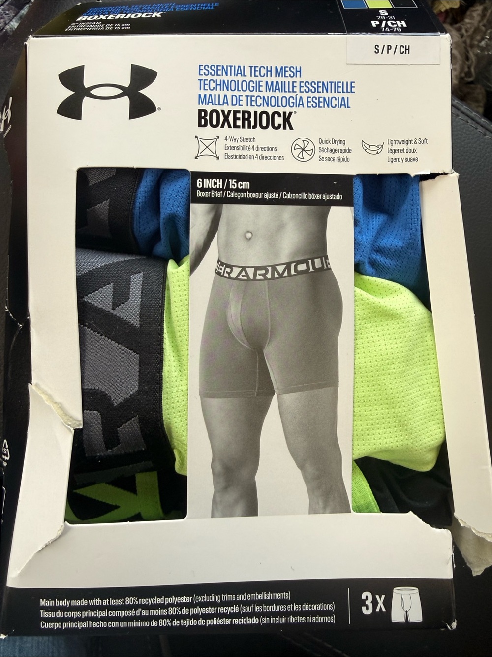 Under Armour Essential Tech Mesh Boxerjock 3-Pack in Blue, Neon Green, Black